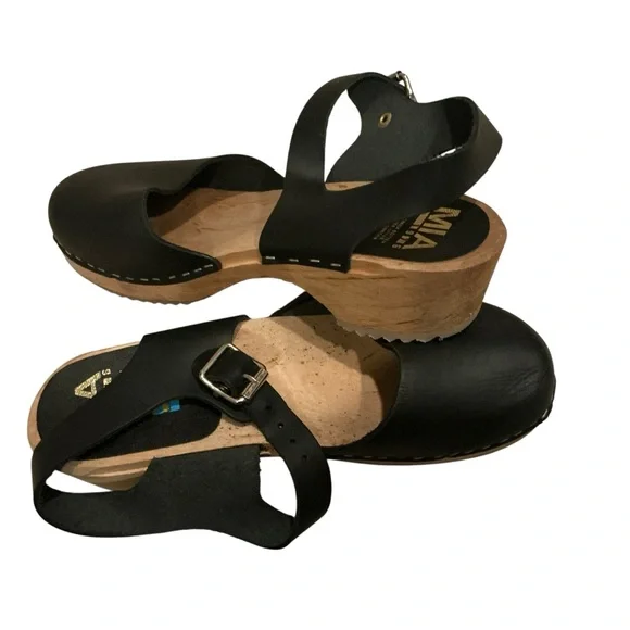Mia Sofia Sweden black leather sandals clogs ankle strap size 37 - Picture 6 of 8